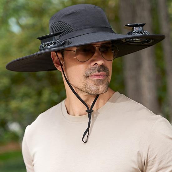 Outdoor Bucket Hat Wide Brim Fishing Hat with Dual Fans Solar USB Rechargeable