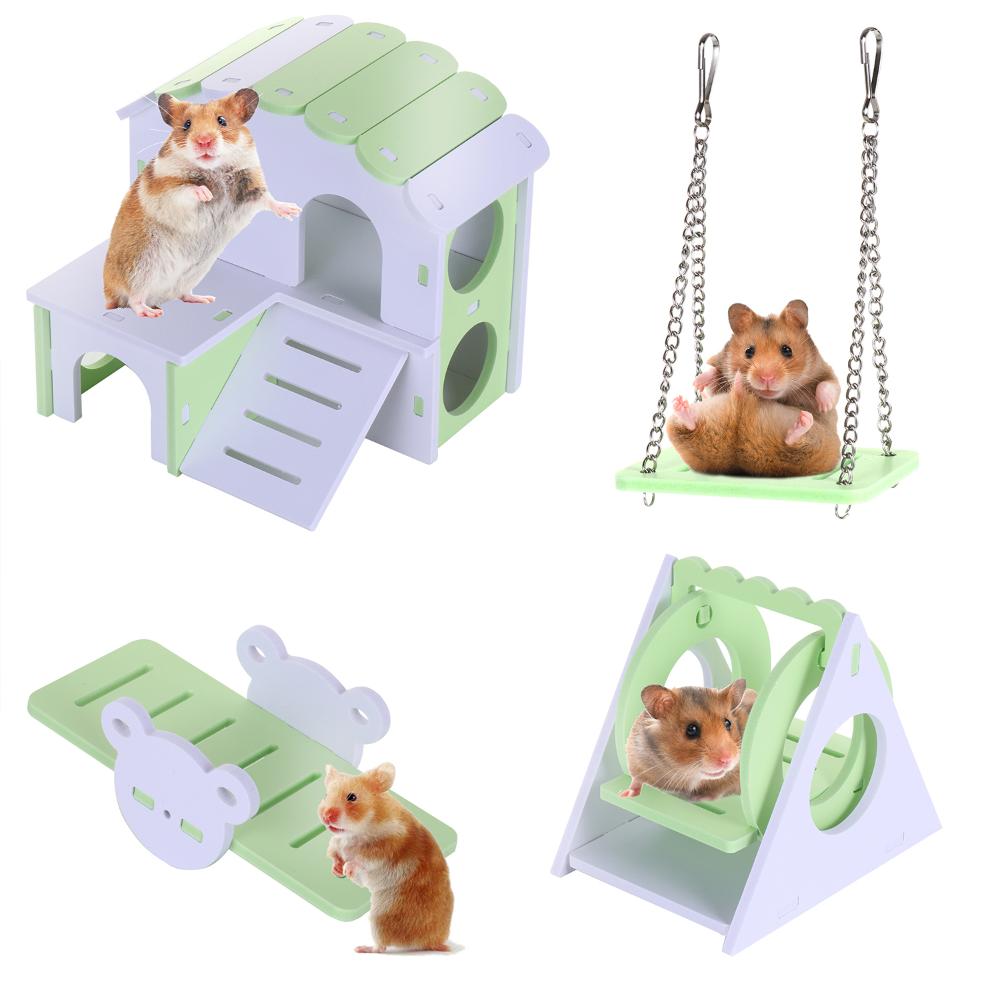 4Pieces Pink Exercise Wooden Hamster House Hamster Toys Set Hamster Toys Hamster Cage