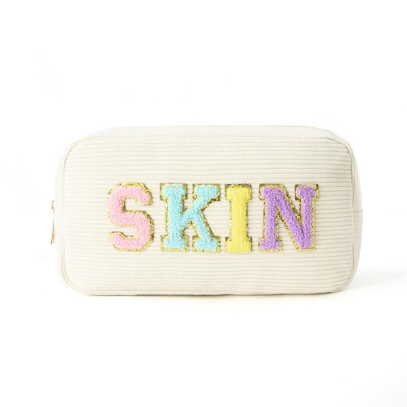Embroidery Storage Bag Corduroy Letter Makeup Bag Portable Toiletry Bag Large Capacity Makeup Bag