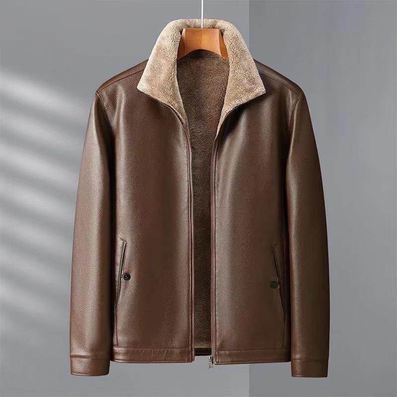 Men's Fleece-lined Thick Leather Coat PU Leather Jacket Autumn and Winter Zipper Fur Coat