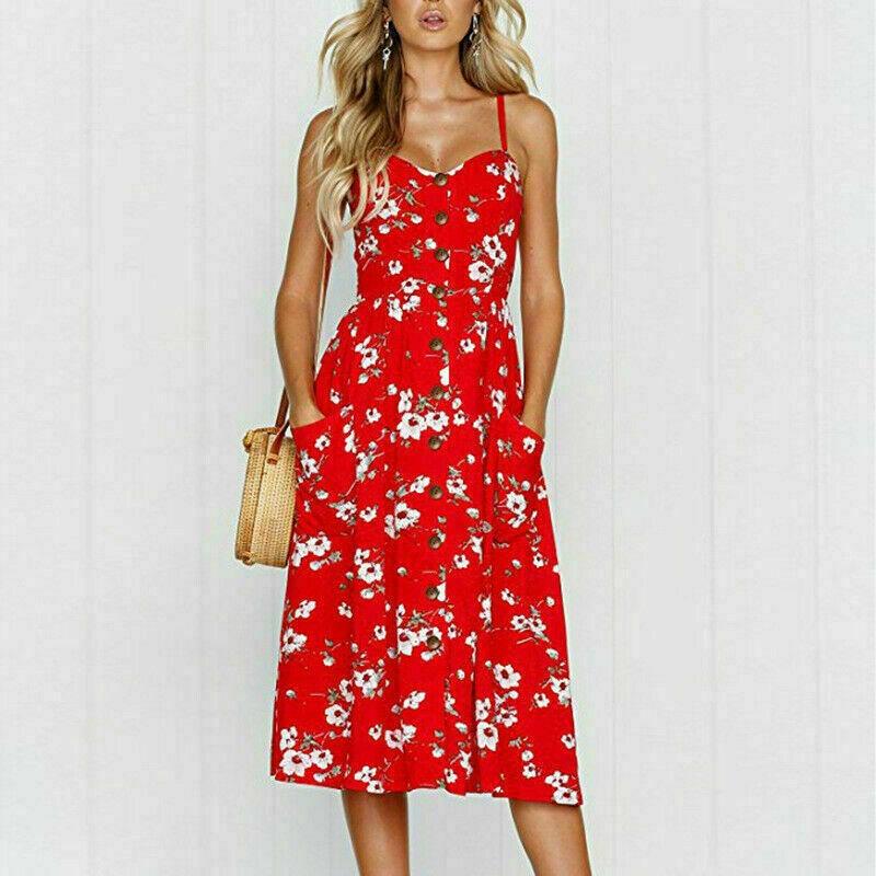 Stylish Boho Women's Summer Beach Midi Dress With Strappy Design And Button Pockets