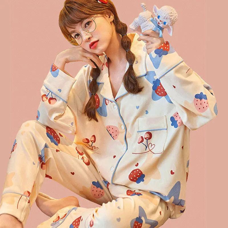 Women's Large Size Two-piece Spring Loose Long-sleeved Pants Suit Cardigan Printed Pajamas for Women