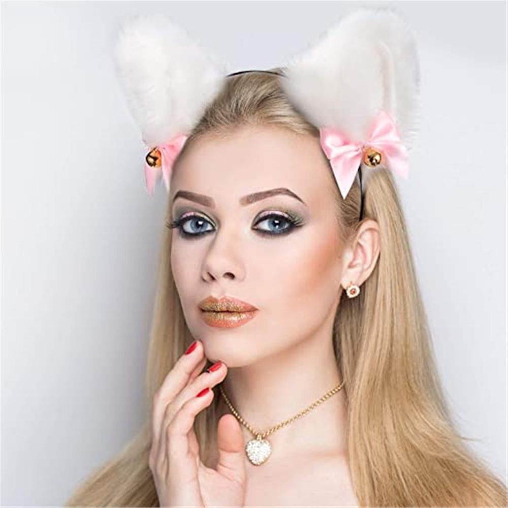 2 Stuks Dames Meisjes Met Belletjes Make-up Ketting Cosplay Hoofddeksel Kattenoor Hoofdband Verkleed Hoofdband