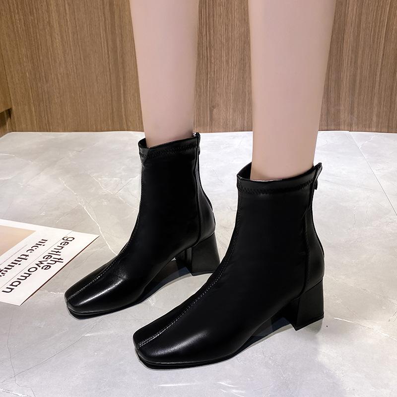 2024 New Mid-heel Ankle Boots for Women with Thick Heel Martin Boots for Women Korean Back Zipper Ankle Boots
