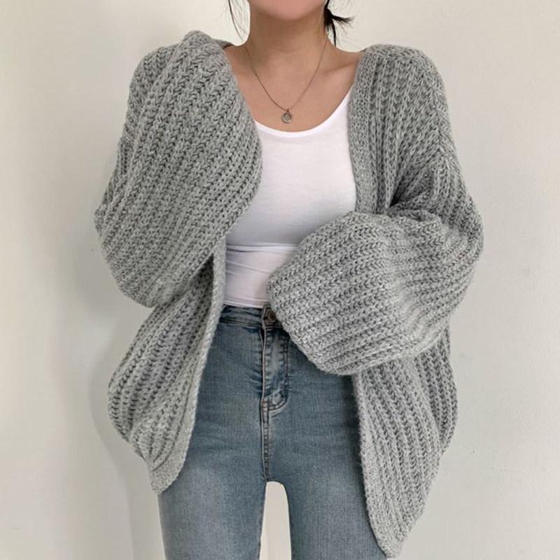 Korean Chic V-neck Loose Lantern Sleeve Cardigan Sweater