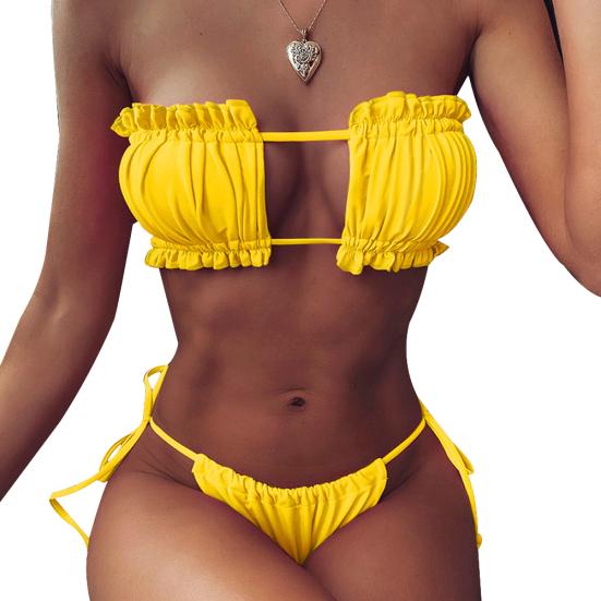 Women Sexy Leopard Pleated Tube Top Bra G-string Briefs Bikini Set Swimsuit