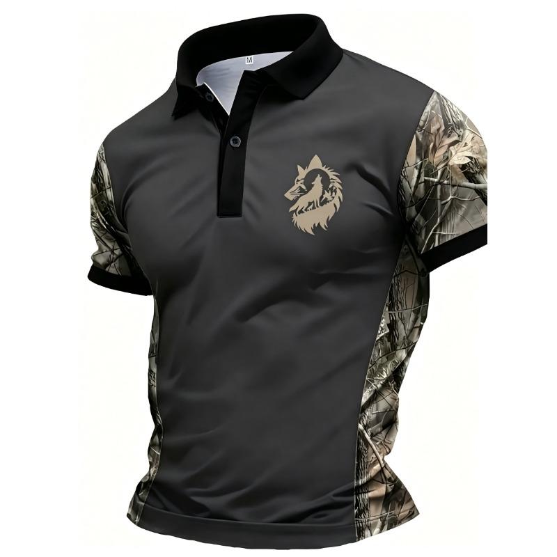 American Men's Summer Camouflage Wolf Moon Print Comfortable and Breathable Polo Short Sleeved T-Shirt Outdoor Casual Top