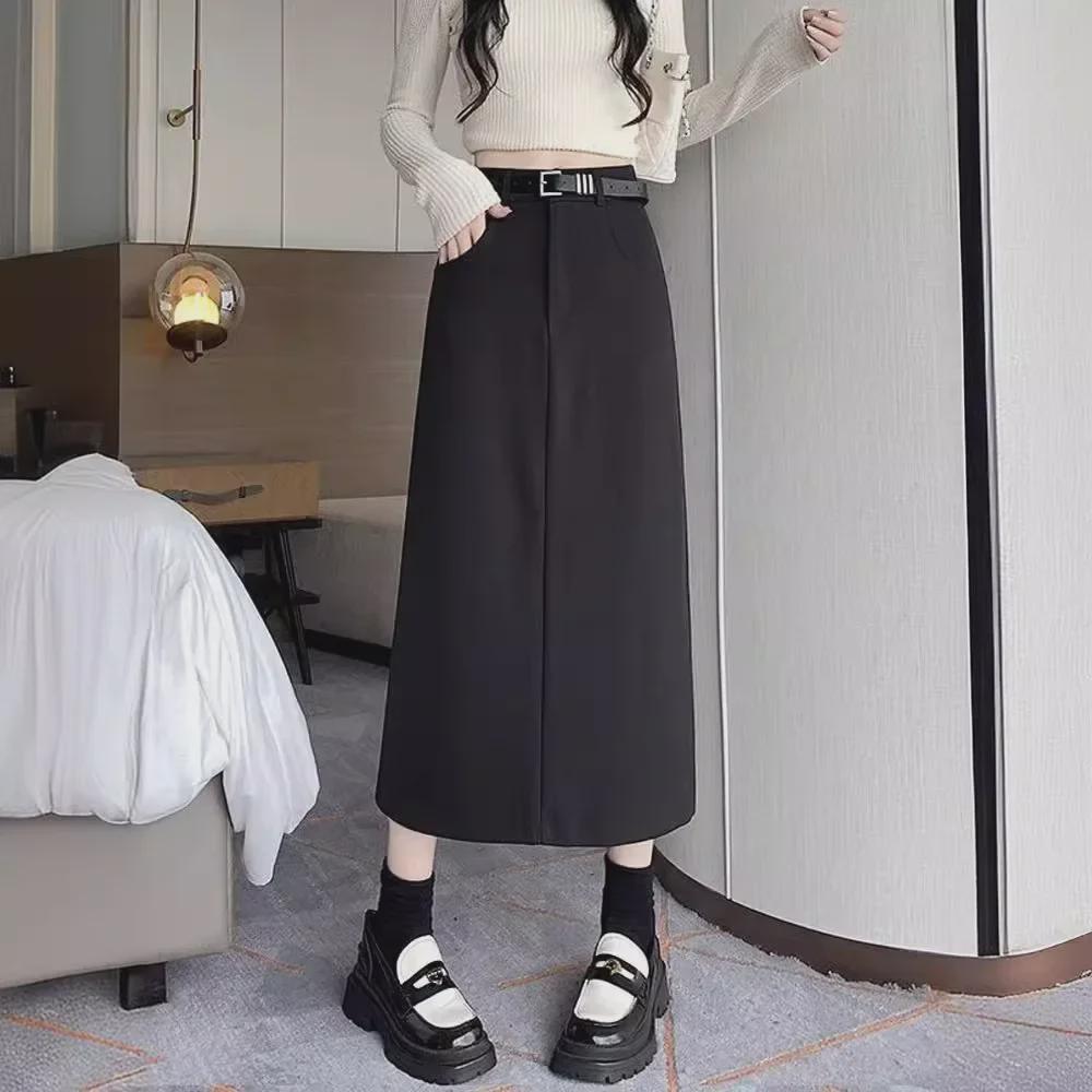 Saia Pequena Cinza Linha A para Mulheres - Roupa de Trabalho, Cintura Alta, Envolvente no Quadril com Fenda, Outono/Inverno 2024