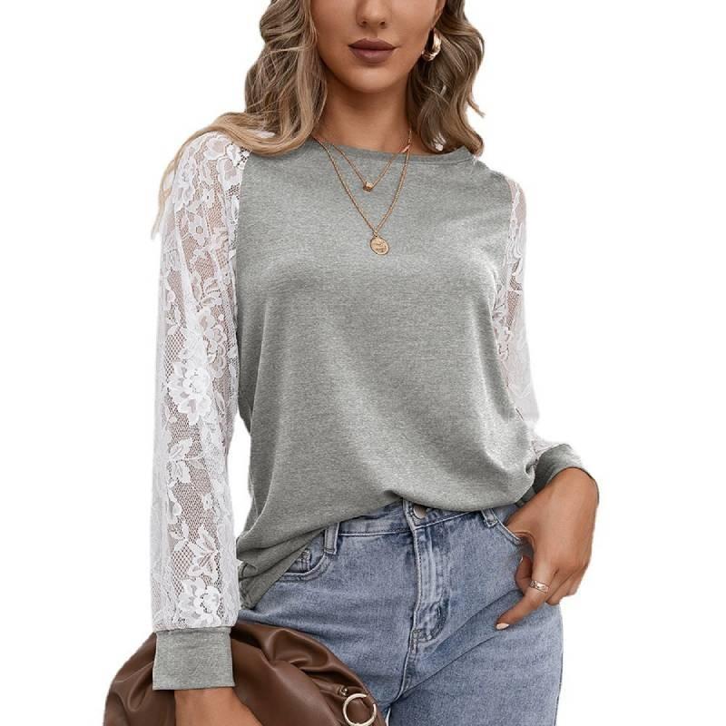 Korean Style Womens Lace Panel Long Sleeve Slim Fit Blend Round Neck Casual Top