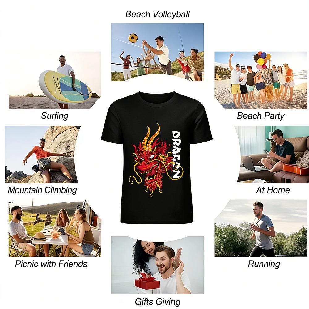 Chinesischer Roter Drache Aufdruck Trendiges Lässiges Lockeres Kurzarm Oberteil Reines Baumwoll T-Shirt