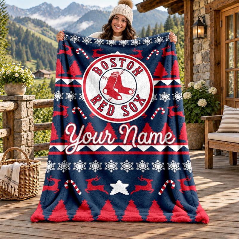 Boston Red Sox Custom Name Flannel Blanket Personalized Soft Warm Plush Throw Blanket Customized Gift for Family Friends