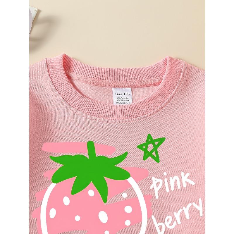 European Sizes Girls Soft Crewneck Sweatshirt Pink Berry Strawberry Design, Casual All-Match for Fall Winter, Ideal Holiday Present.