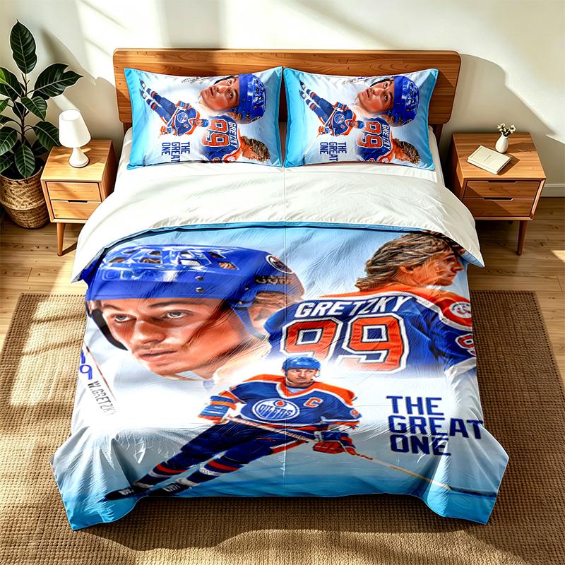 Edmonton Oilers (14) 3-teiliges Set, geeignet für Schlafzimmer, weich und bequem, ein ideales Geschenk für Familie und Freunde. Enthält einen Bettbezug und zwei K