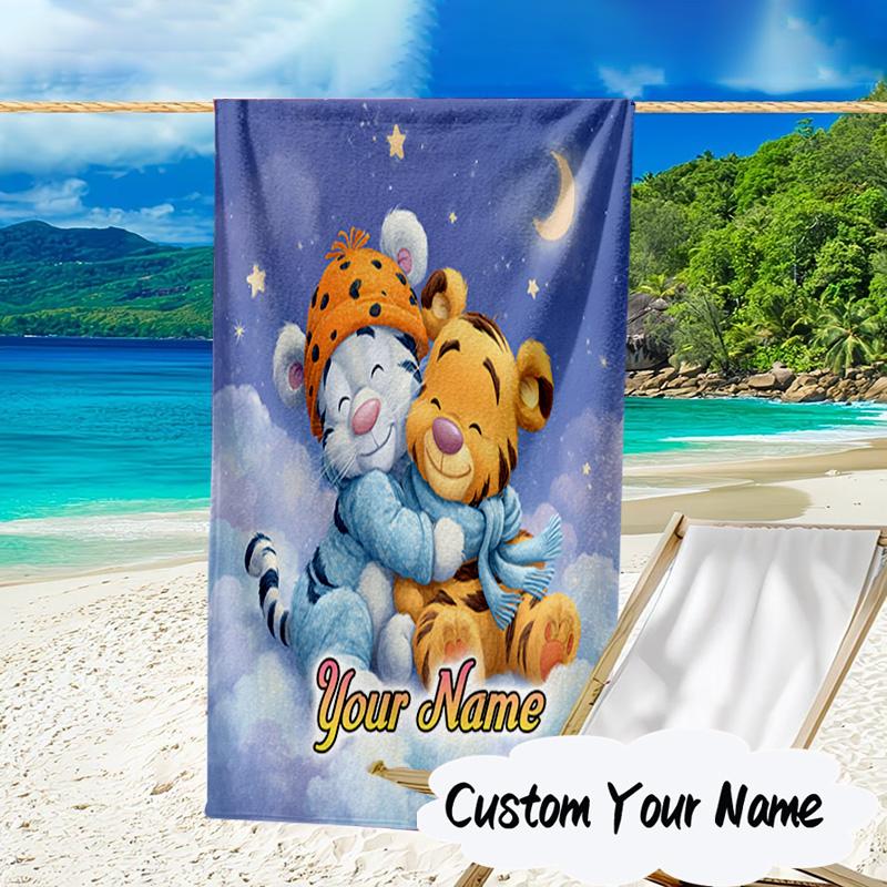 Custom Name Nightly Tiger Hugs Pooh Microfiber Beach Towel Super Soft & Absorbent for Bath, Beach, Travel Bath Time Accessory, Fan Gifts
