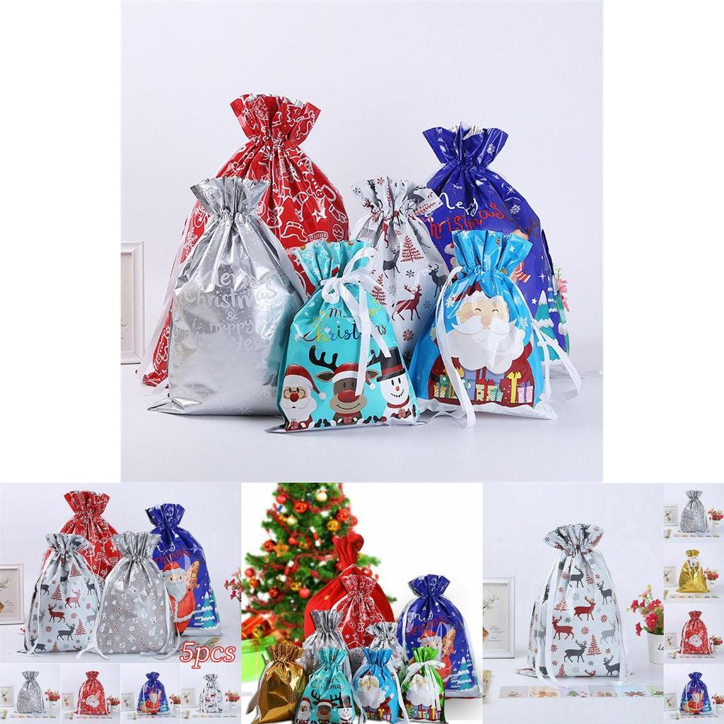 Colorful 5pcs Christmas Sacks Reusable Drawstring Gift Bags With Classic Patterns
