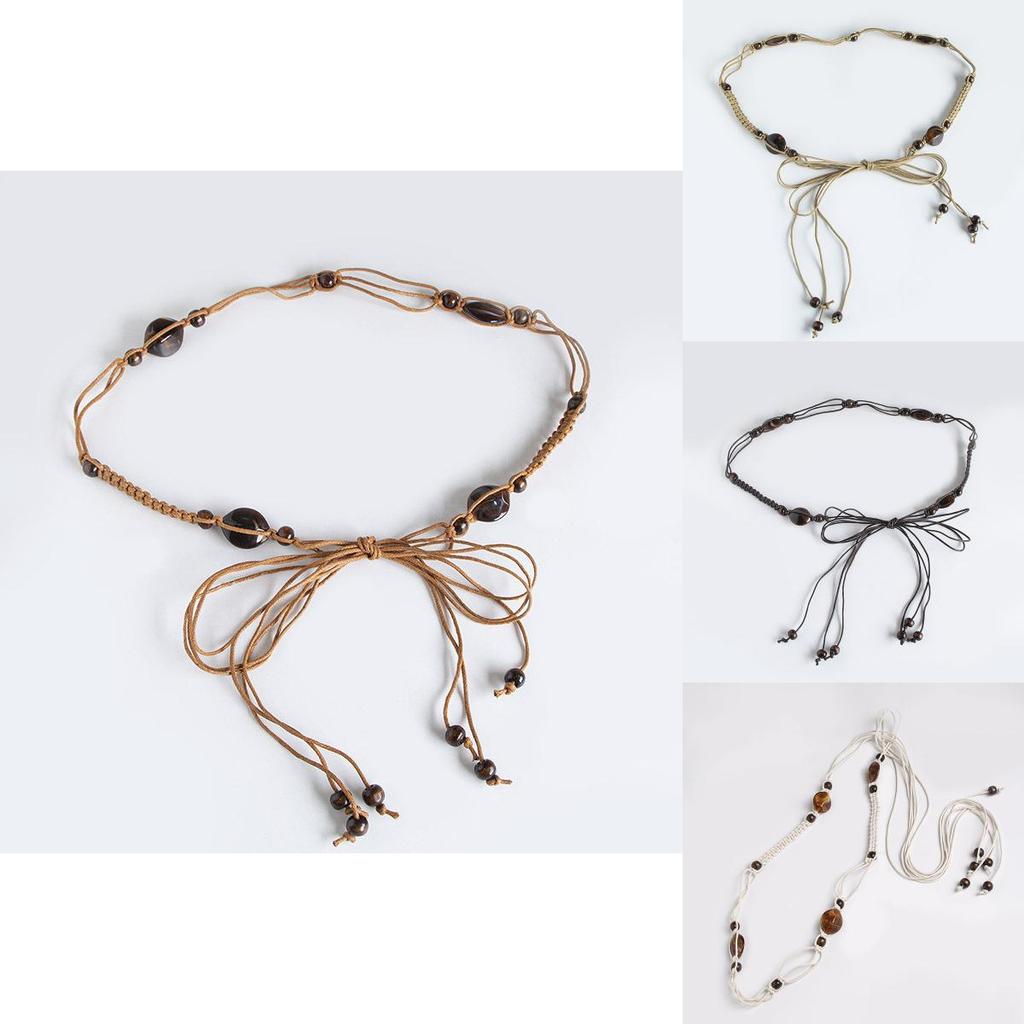 Bohemian Cotton Hemp Waist Belt For Casual Vacation Wear With Wooden Beads And Tie Closure