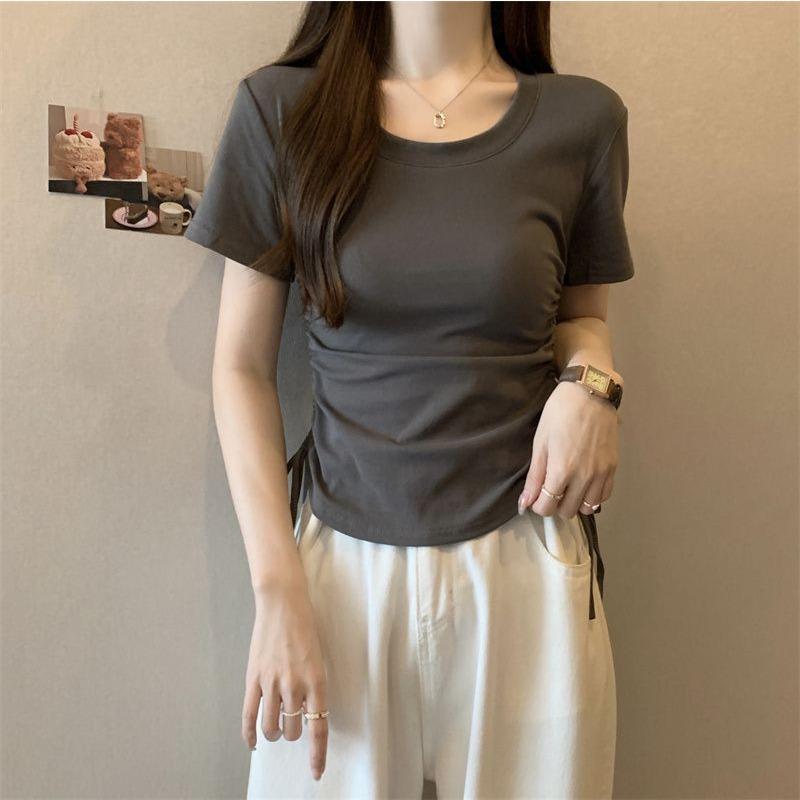 Cotton-included Design Short-sleeved T-shirt for Women's New Summer Drawstring Short Hot Girls Solid Color Round Neck Top