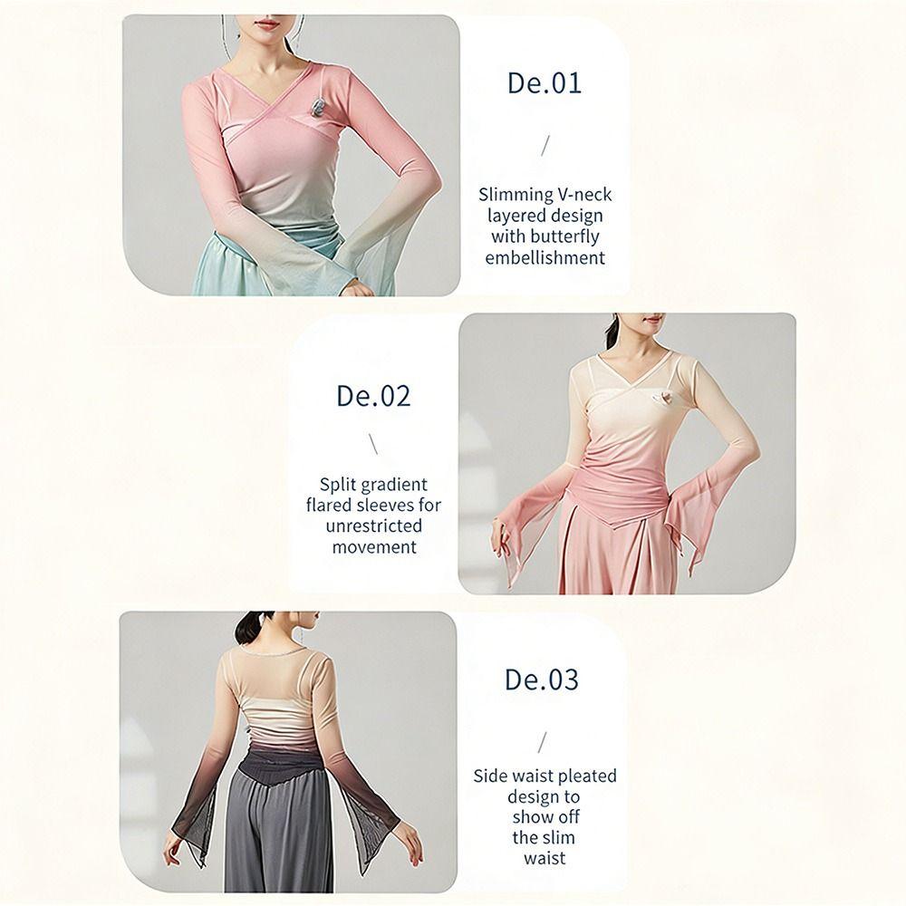 Chinese Hanfu Klassieke Dans Top Vlindervlucht Mesh Top Mode Wijde Mouw Blouse Dans