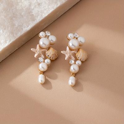 New Fashionable Starfish Shell Imitation Pearl Pendant Earrings, Women's Vacation Style Holiday Party Accessories Gifts