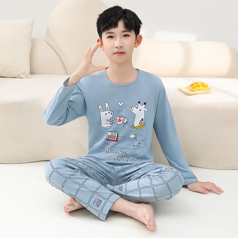 Boys' Long Sleeve Cotton Pajama Set for Summer with Air Conditioning Suit