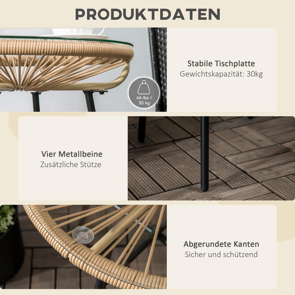 Garden Table In Boho Style, PE Rattan, Tempered Glass, Weather-Resistant, 50 Cm X 50 Cm X 50 Cm, Beige