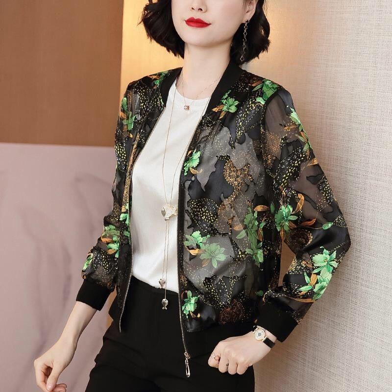 Woman Summer Chiffon Print Coats Femlae Long Sleeve Loose Bomber Jackets Ladies Print Breathable Casual Zipper Cardigans
