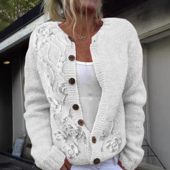 Women Sweater Cardigan Round Neck Long Sleeve 3D Flower Pattern Button Up Knit Jacket Thickened Warm Fall Winter Tops