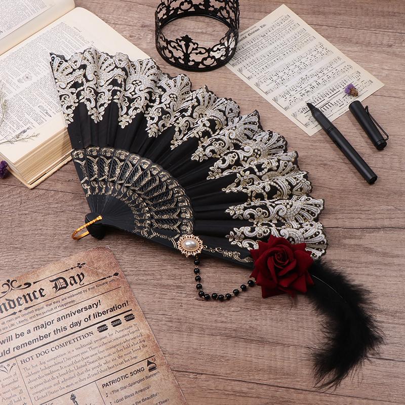 Lolita Fan Feather Rose Folding Fan European Style Retro Gold Plated Lace Hand Fan Female Tea Party Wedding Fans Cosplay Props