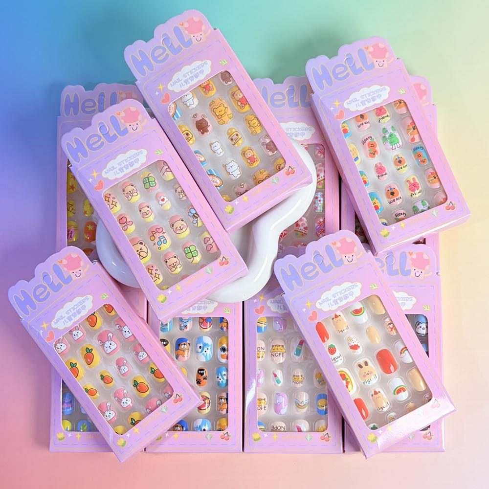 24pcs Kids' Cute Red Cherry/Rabbit/Carrot Press On Nails Cartoon Short Square Fake Nails Reusable Nails Decor with Glue & file