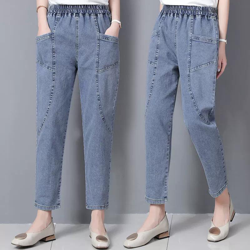 Women Plus Size 4xl Casual Denim Ankle-length Pants Vintage Mom Baggy Vaqueros Elastic High Waist Spring Summer Harem Jeans