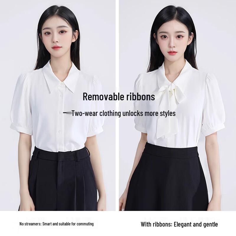 Women's Detachable Bow Short Sleeve Chiffon Blouse