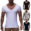 Men Summer T-shirt Short Sleeves V Neck Solid Color Soft Slim Fit Breathable Mid Length Elastic Casual Pullover Men Sport Top