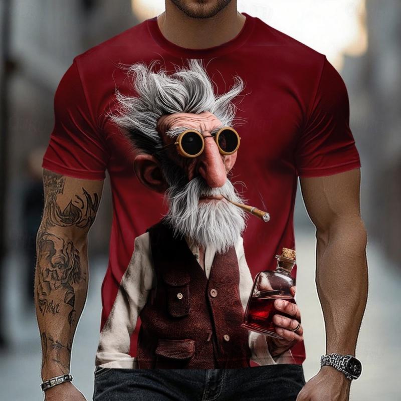 3D Printed Vintage Old Man Graphic T-Shirt For Men Cigarette Wine Character Pattern Tees Summer Short Sleeve Round Neck Tops