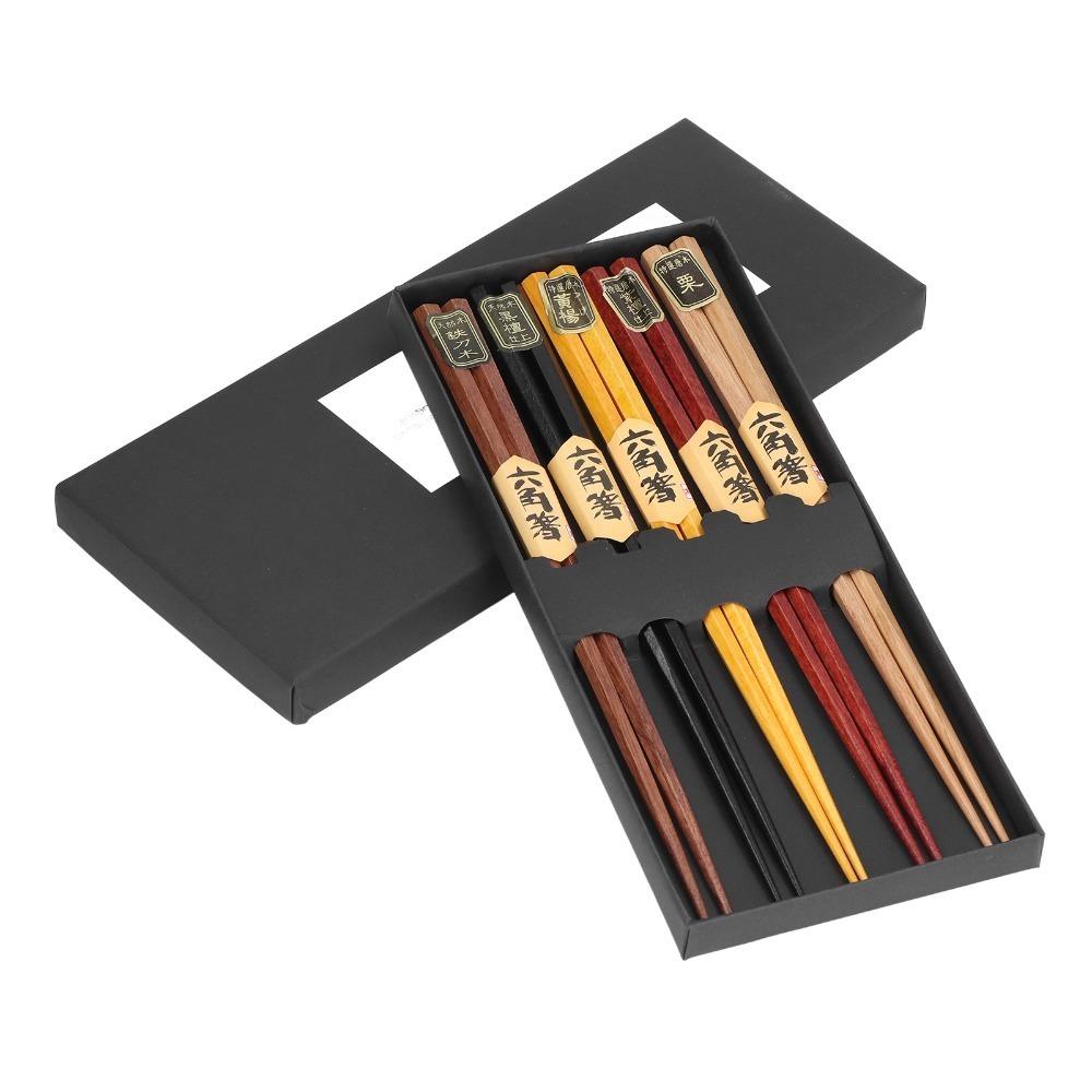 5Pair Hexagonal Shape Food Chopsticks Wood Material Tableware Chopsticks  Restaurant Use