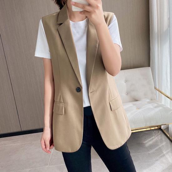 Summer Women Blazer Coat Solid Color Sleeveless Turn-down Collar Temperament Suit Jacket Long Vest for Female