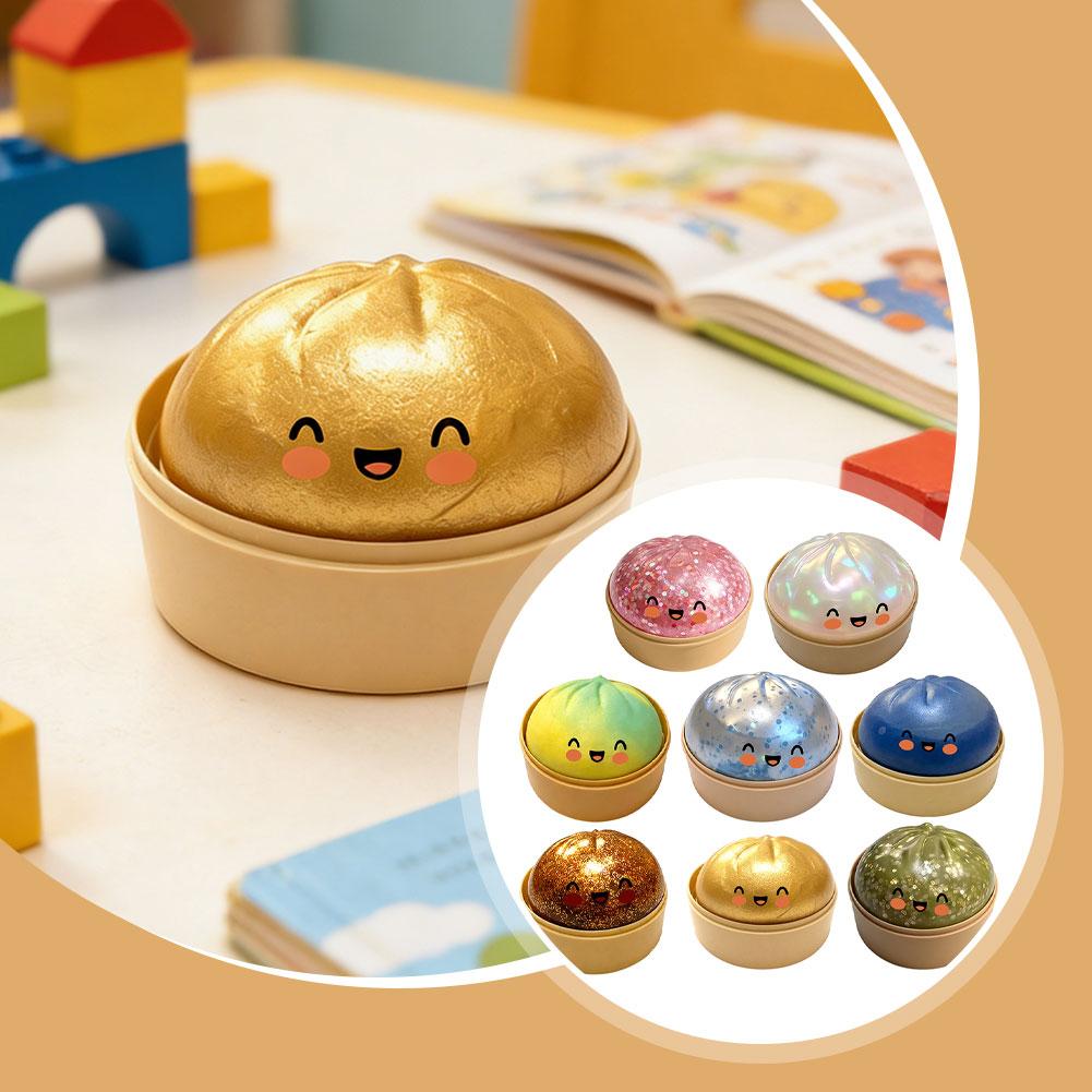 Kawaii Dumpling Stress Ball Toy With Smile Face Unique Steamer Base Squeezable Dough Ball Birthday Gift For Girl Boy Adult