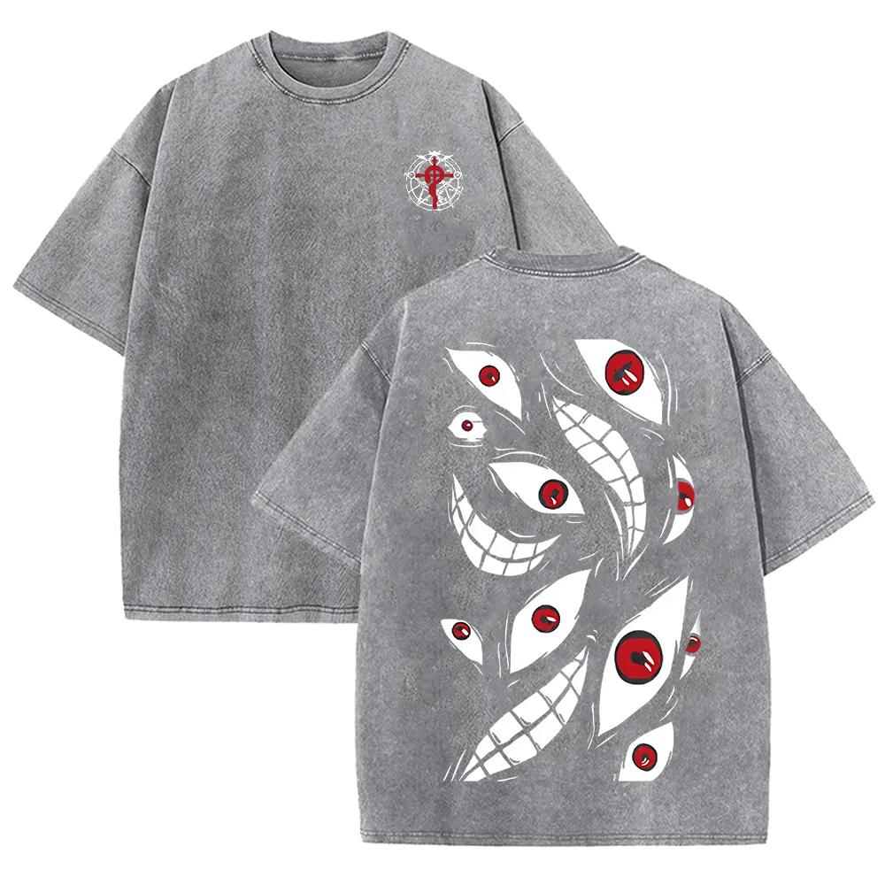 2026 Vintage Washed Black Dark Horror Eye Graphic T Shirt Distorted Grin Monster Print Oversized Men Casual Short Sleeve Tee