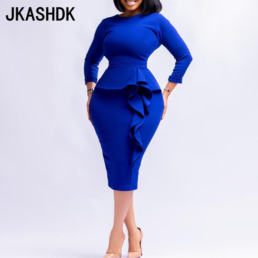 JKASHDK Women's Fashion Autumn Winter Solid Color Print Plus Size Long Sleeve O-Neck High Waist Casual Dresses