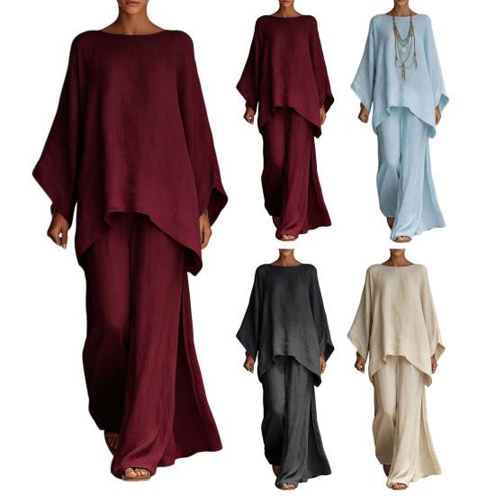 Women's Summer Two Piece Lounge Sets Batwing Long Sleeve Boat Neck Top And Wide Legs Pants Matching Outfits