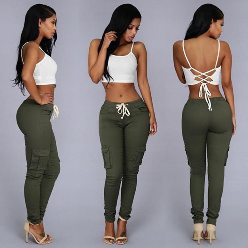 Women's Mid Rise Drawstring Skinny Pants Slim Fit Pencil Trousers Streetwear Casual Long Pants