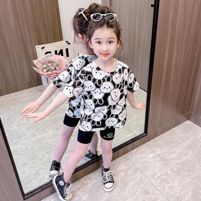 Girls Summer Cute Bunny Print Round Neck Short Sleeve T Shirt