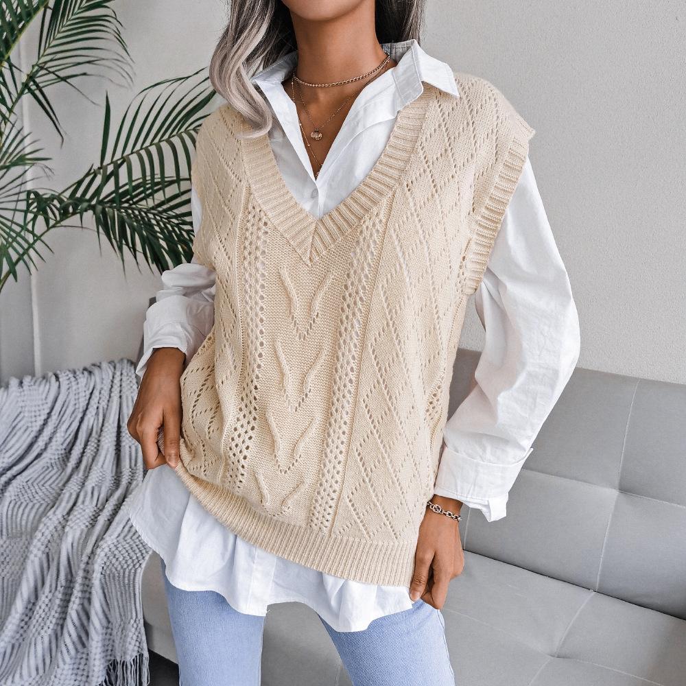 Women's Autumn and Winter Hollow Twist V-neck Knitted Jumper Vest