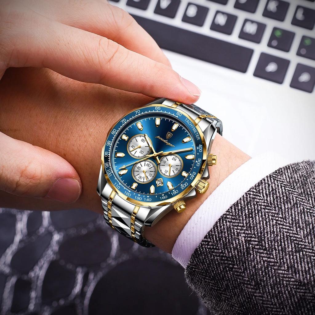 POEDAGAR Luxusní pánské náramkové hodinky Vodotěsné Luminous Chronograph Hodinky pro muže Nerezová ocel Pánské Quartz hodinky Dárky pro muže Reloj Hombre