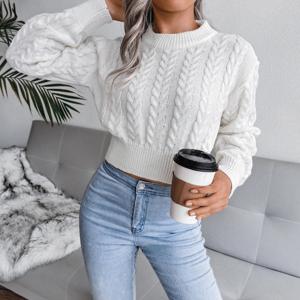 GMXIA Dames Mode Casual Effen Kleur Herfst Winter Lange Mouw Ronde Hals Slanke Gedraaide Taille Gebreide Crop Trui