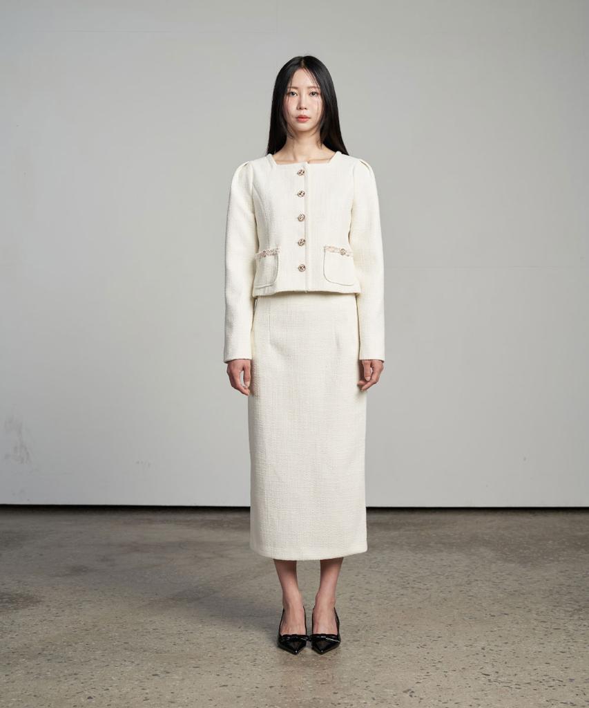 320 Showroom Tweed H-Line Back Slit Skirt Cream
