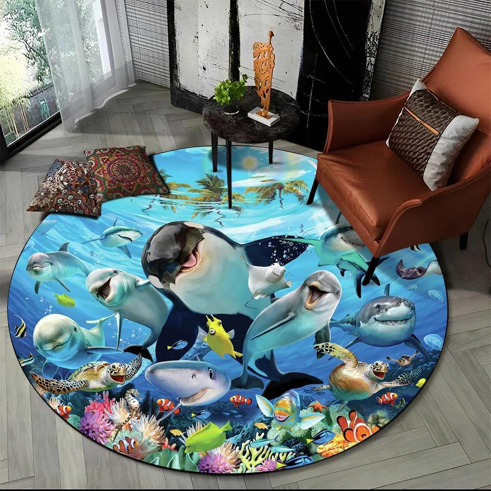 Monde sous-marin Fond marin Poissons Dauphin Dessin animé Tapis rond pour salon chambre enfants Décoration, Tapis de sol antidérapant pour zone animaux de compagnie