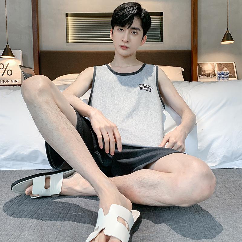 Men's Summer Thin Section Homewear Suit Teen Round Neck Sleeveless Top + Shorts Two-piece Set