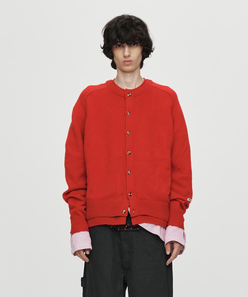 Heute Double Rib Crop Knit Cardigan (Red)
