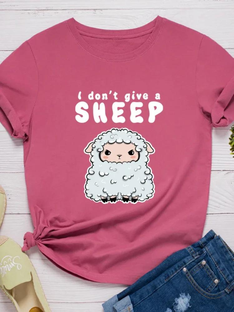 Je M'en Fous Imprimé Mouton T-Shirt Femme Manches Courtes Col O Ample T-Shirt Femme Hauts Vêtements Camisetas Mujer
