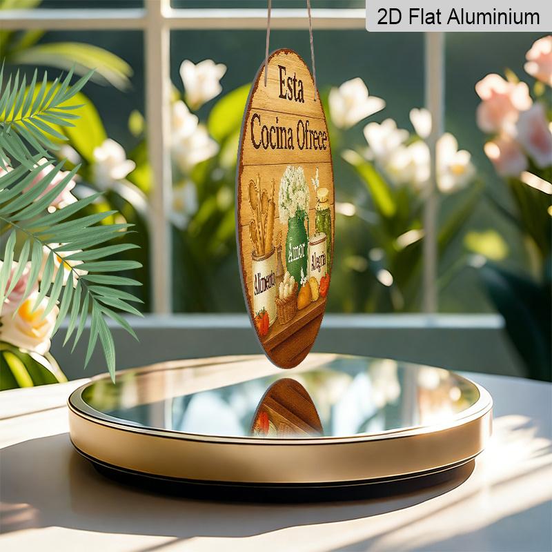 2D Flat, 1pc 7.87 Inch Round Aluminum Sign, "This Kitchen Offers Love & Joy" Rustic Farmhouse Kitchen Design, Vintage Food & Floral Metal Wall Art